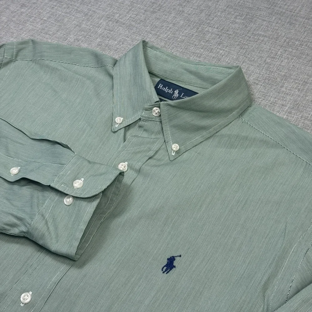 Ralph Lauren Button-Down Dress Shirt Mens 16.5 32/33 Green Striped Classic Fit